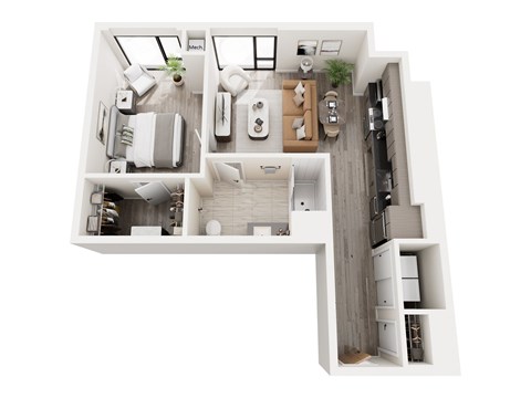 Floor plan for 1 bed, 1 bath, 708 sqft